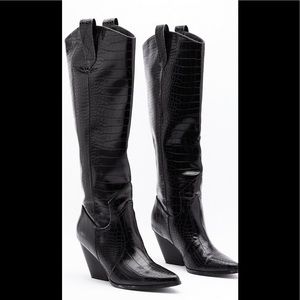 Faux leather croc knee high cowboy boot.